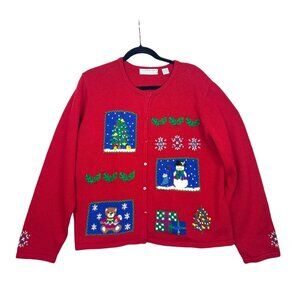 Vintage Classics Cardigan Sweater Women's XL Red Hand Knit Christmas Holiday